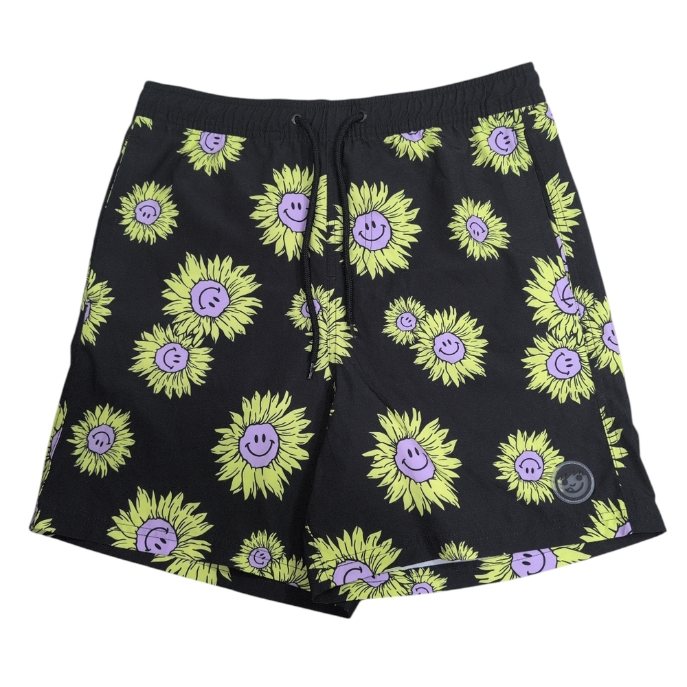 Neff Shorts, Smiley Face Flowers Sunshine, Retro Look Board Shorts Trunks, Large